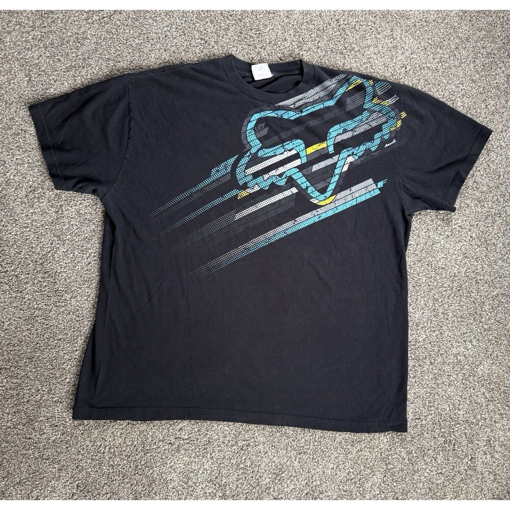 Fox Racing Graphic T Shirt XXL Black Teal Yellow Moto Logo Skate Y2K
